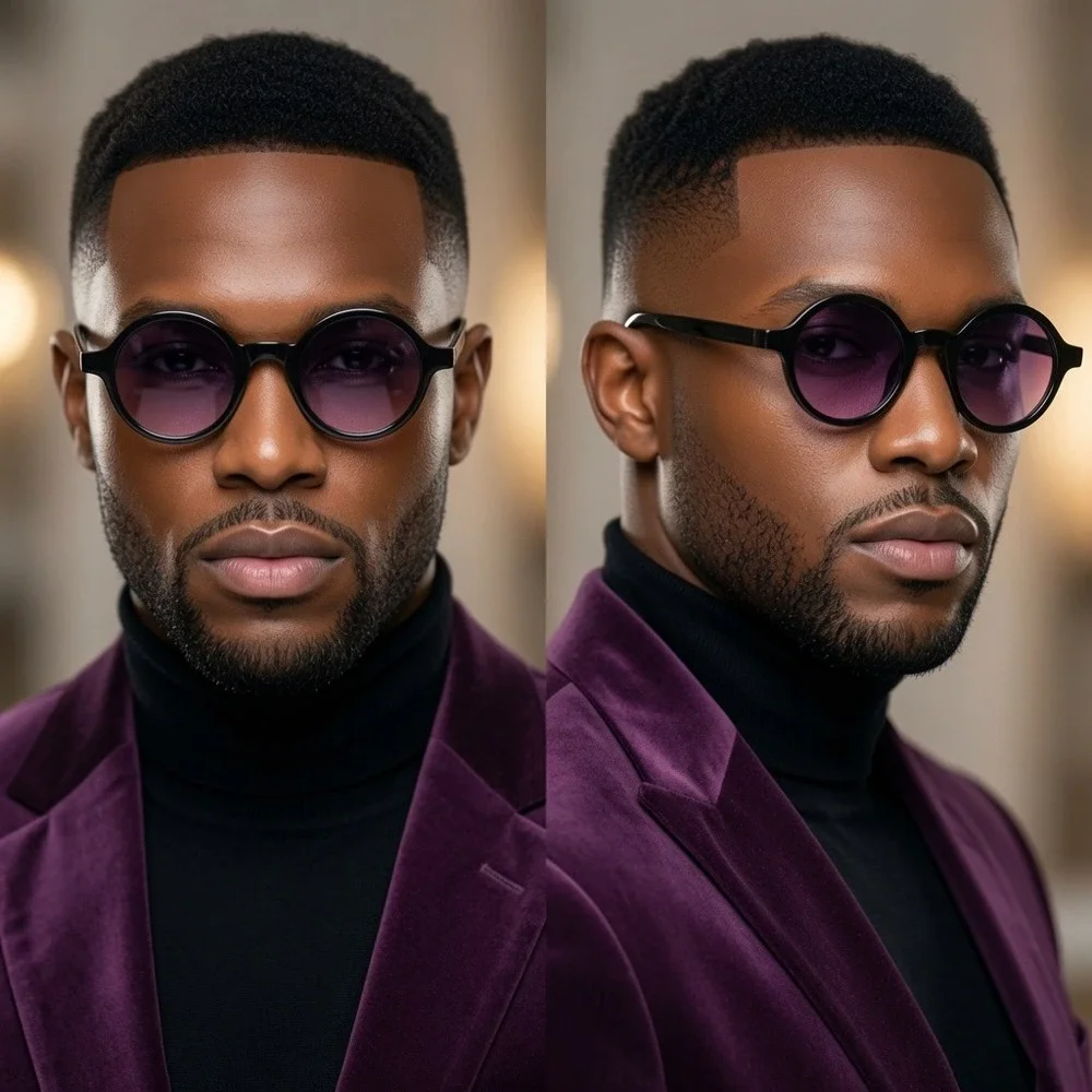 Mens Round Black Sunglasses Purple Gradient Lens Retro Circular Steampunk Shades